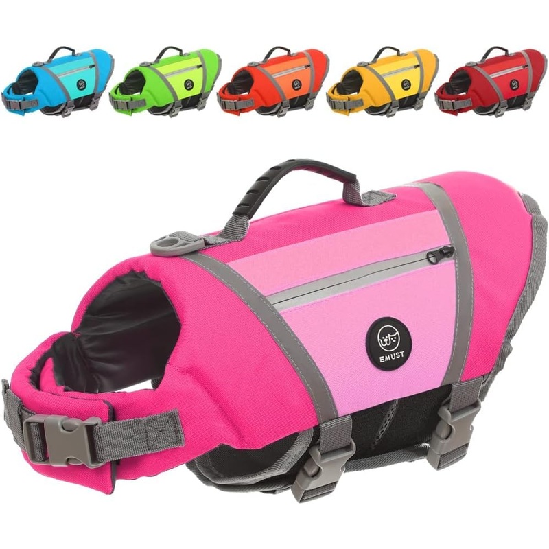 EMUST Dog Life Vests for Boating, Water-Resistant Dog Swimming Vest with Rescue Handle, Comfortable Fit Dog Life Jacket Medium with D-Ring for Dog Leash for Rafting, Surfing, Canoeing, Pink, M