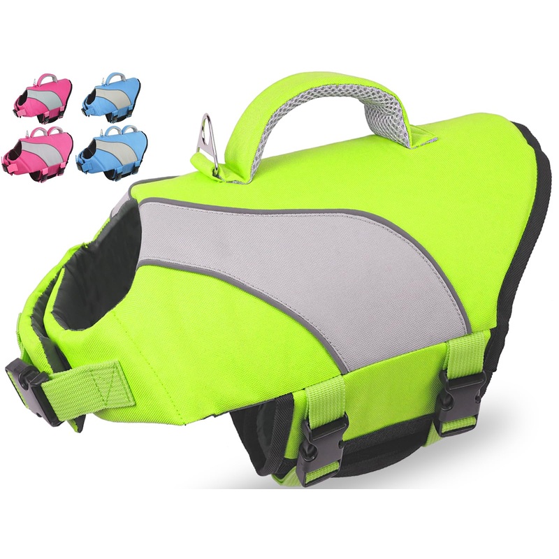 Fragralley Safety Dog Life Jacket, High Buoyancy & Reflective Dog Life Vest for Swimming, Boating, Surfing, Rescue Handle Float Preservers Vests for Small Medium Large Dogs – S (Single Handle) Small (Single handle) Green+Grey