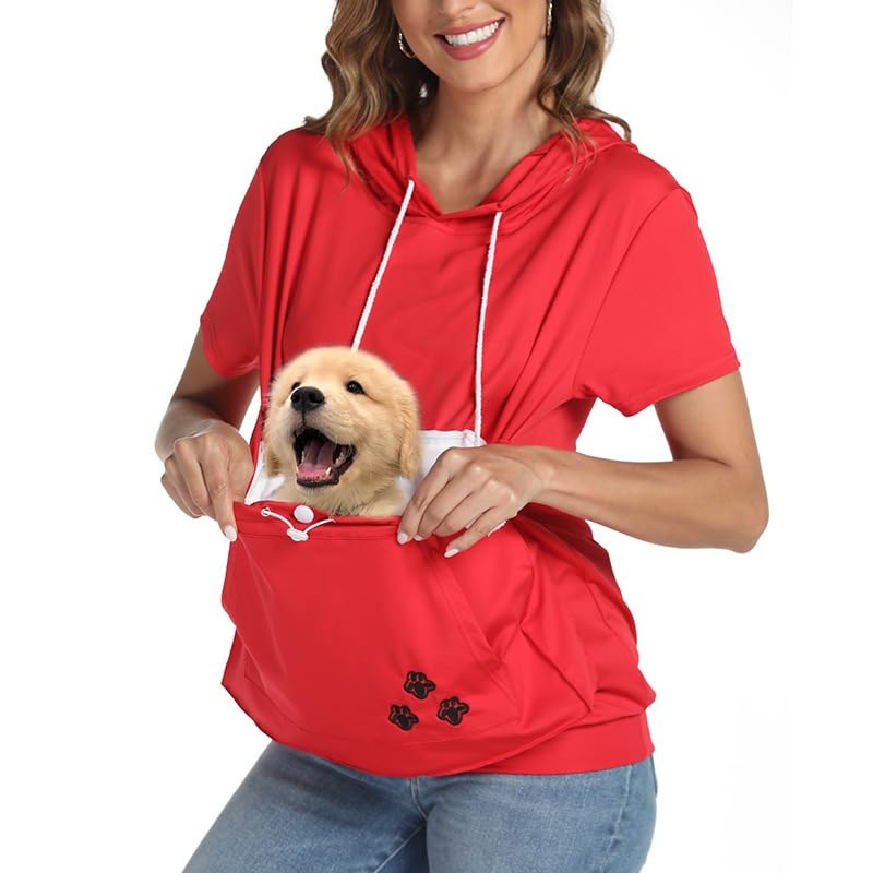 jessie Kangaroo Pouch Hoodie Summer Cat Pouch Hoodie Short Sleeve Hoodie With dog pouch (Red,Xl)