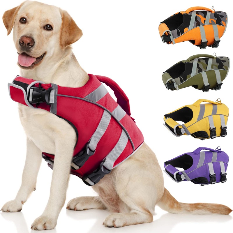 Kuoser Dog Life Jacket with Reflective Stripes, Adjustable High Visibility Dog Life Vest Ripstop Dog Lifesaver Pet Life Preserver with High Flotation Swimsuit for Small Medium and Large Dogs X-Large (Chest Girth:25.9-33.4”) 1#Red