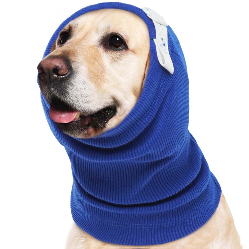 ROZKITCH Dog Calming Hoodie Dog Ears Cover, Ear Wrap for Dog Cat, Dog Ear Head Muff Protection Anxiety Relief Noise Canceling for Firework Pet Grooming Force Drying No Flap Dog Ear Protector Blue L L(Head Circumference:17.7″-29.5″)