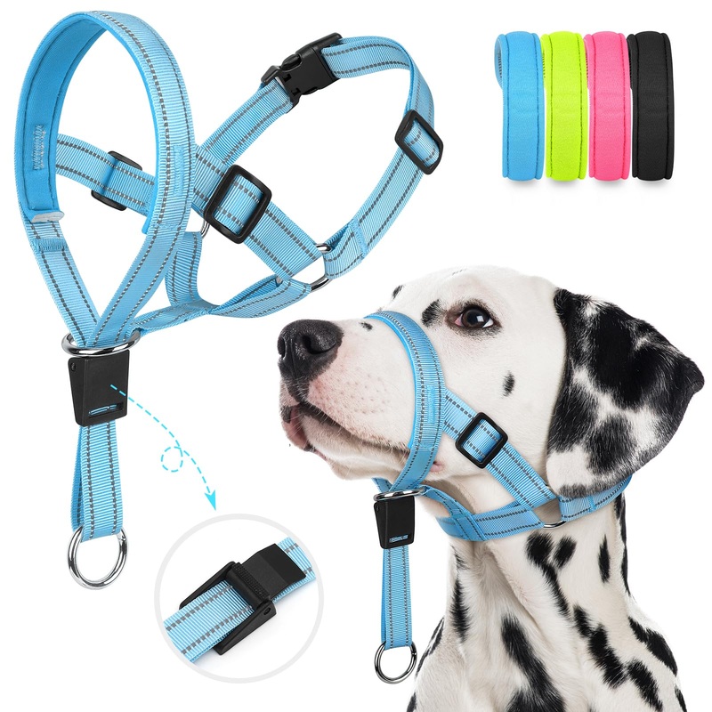 Soft Dog Head Collar – Adjustable Dog Head Harness, Padded No Pull Head Halter Collar with Reflective Safety Strip for Training and Walking(Blue,M) Medium Blue