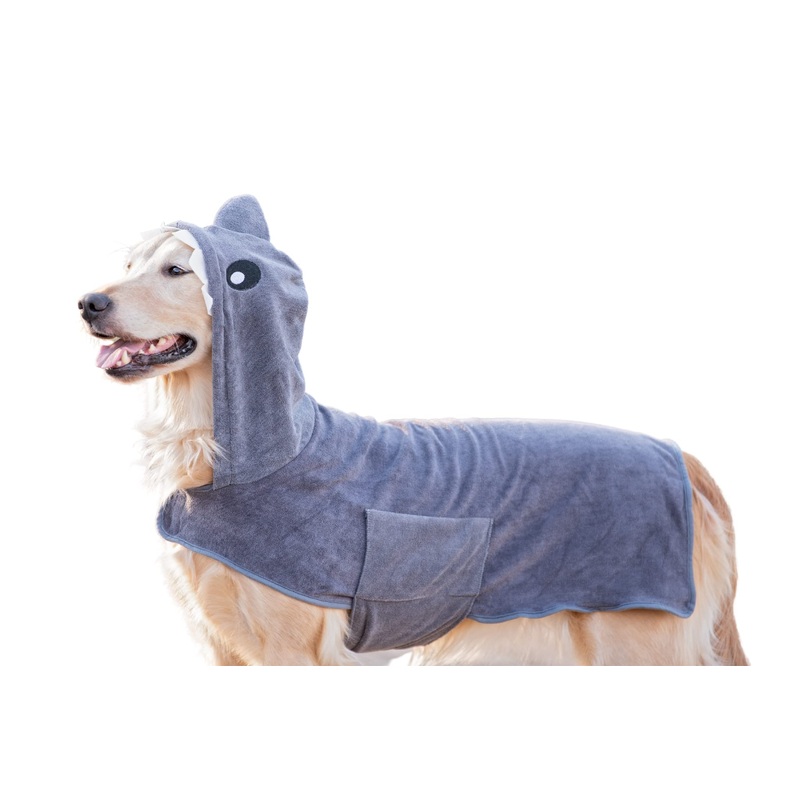 Wearable Microfiber Dog Towel with Monster or Shark Hoodie | Soft Dog Bathrobe (Medium, Grey Shark) Medium