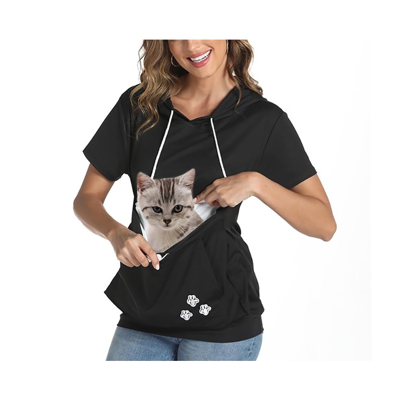 Womens Cat Dog Pet Pouch Hoodies Pullover Sweatshirt Puppy Kitten Holder Carrier Pullover Shirt Black X-Large