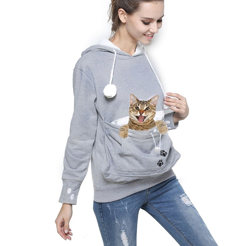 Womens Pet Carrier Shirts Kitten Puppy Holder Animal Pouch Hood Sweatshirt X-Large-XX-Large Light Grey