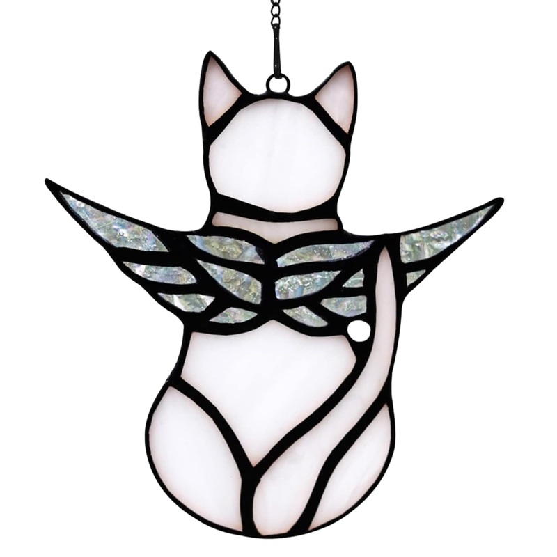 Angel Cat Memorial Present Ornaments, Stained Glass Window Hanging Decorations for Cat Lovers, Angel Wings Cat Suncatcher Decor, Pet Memorial Sympathy Present Statue (white) White