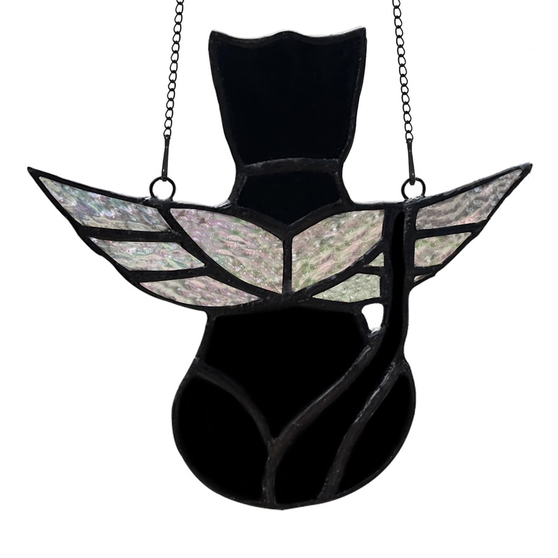 Angel Wings Cat Stained Glass Window Hanging Decor,Cat Sympathy Gifts for Cat Lovers, Black Cat Stained Glass Suncatcher for Cat Mom Gifts,Cat Loss Memorial Gift for Women
