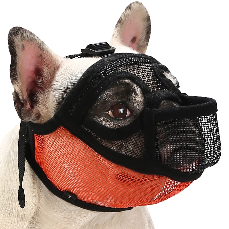 BARKLESS French Bulldog Muzzle, Short Snout Dog Muzzle for Shih Tzu English Bulldog, Mesh Dog Muzzle with Tongue Out Design, Flat Face Dog Muzzle for Biting Chewing Grooming S (Head 15.0-17.5”) Black/Orange