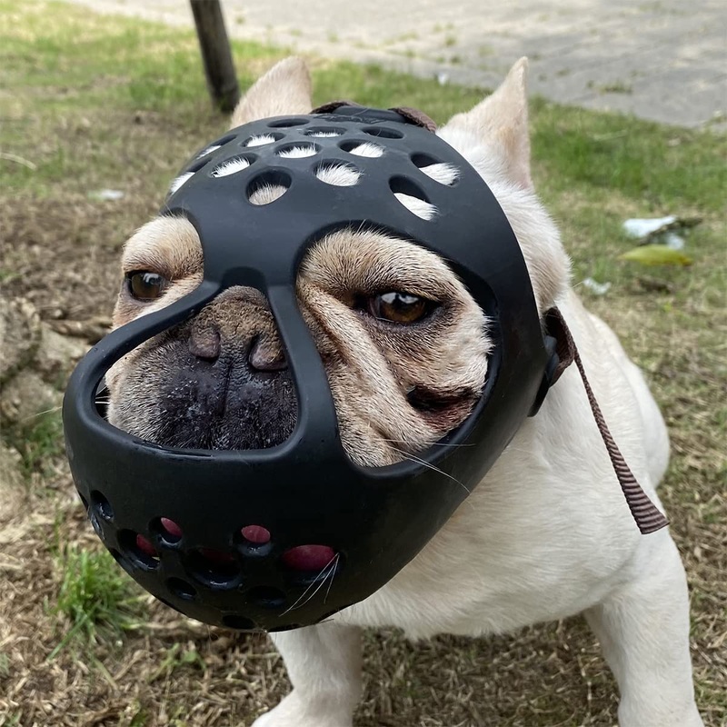 BARKLESS Short Snout Dog Muzzle, Soft Silicone Flat Faced Muzzle for French Bulldog Shih Tzu and Pug for Biting Chewing Licking and Grooming, Allows Panting Black MHead 13-15″