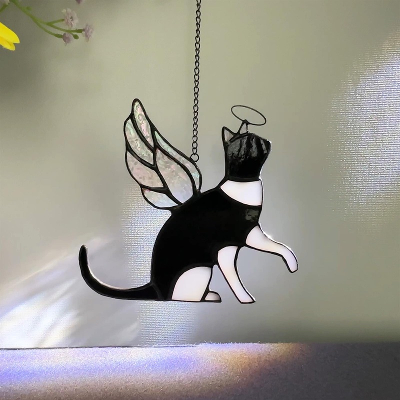 Black Cat Stained Glass, Angel Tuxedo Cat Memorial for Loss of Cat, Cat Themed Gifts Black and White