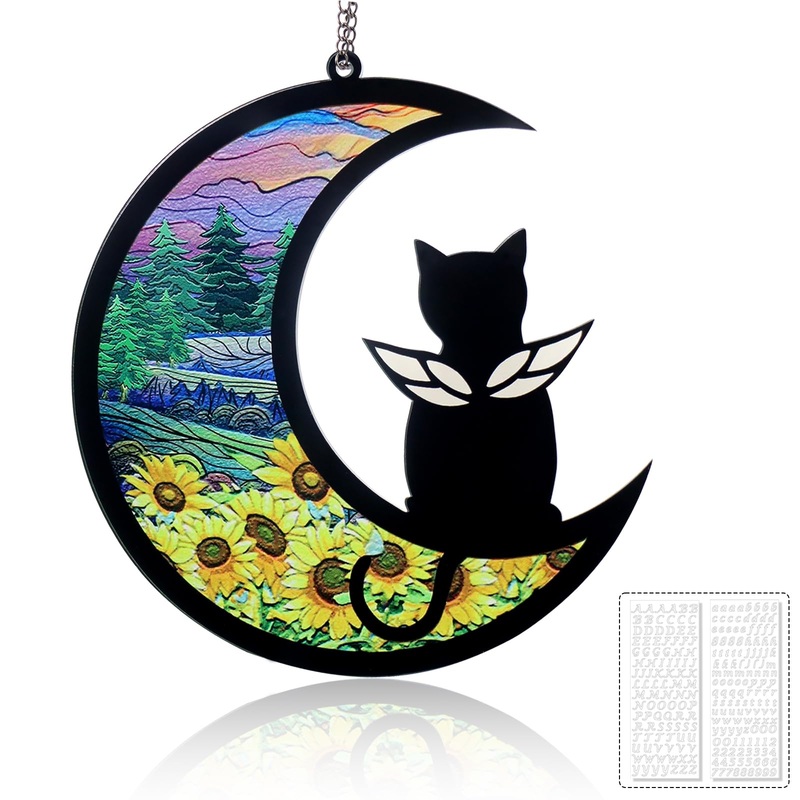 Cat Loss Suncatcher and Pet Memorial Suncatcher, Hanging Stained Acrylic Light Catcher, Cat & Dog Memorial Ornament Loss of Pet Sympathy Gift for Cat Lovers with Alphabet Stickers, Cat B