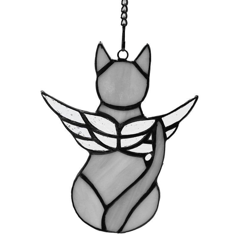 Cat Memorial Gift for Cat Lovers,Angel Cat with Colorful Wings,Handcrafted Stained Glass Cat Suncatchers Decor,Cat Lovers Gifts Ornaments,Pet Memorial Sympathy Gifts Decoration (Grey Cat) Grey Cat