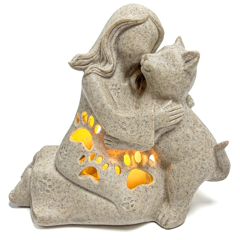 Cat Memorial Gift, Granite Sculpture, Hand-Sculpted Resin Pet Loss Sympathy Gift with LED Candle Holder, Home Decor for Pet Owners (Granite)