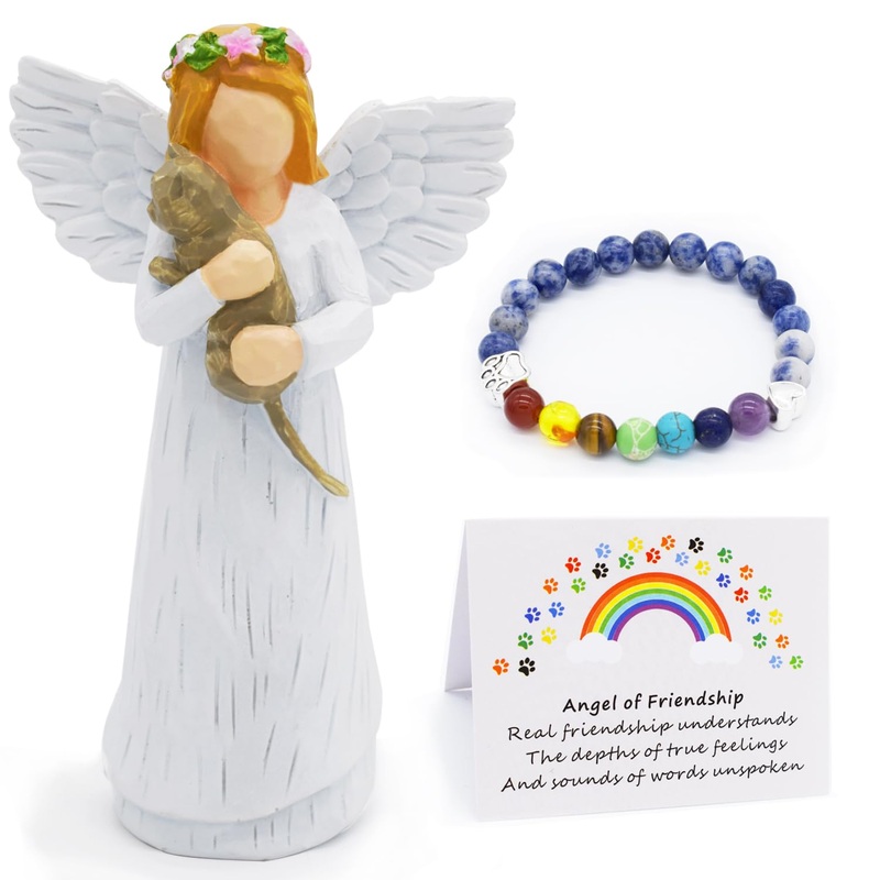Cat Memorial Gifts, Pet Sympathy Gift, Loss of Cat Sympathy Gifts for Cat Mom, Passed Away Cat Gifts, Angel Figurines Cat Remembrance Gift with 7 Chakra Pet Memorial Rainbow Bridge Bracelet White