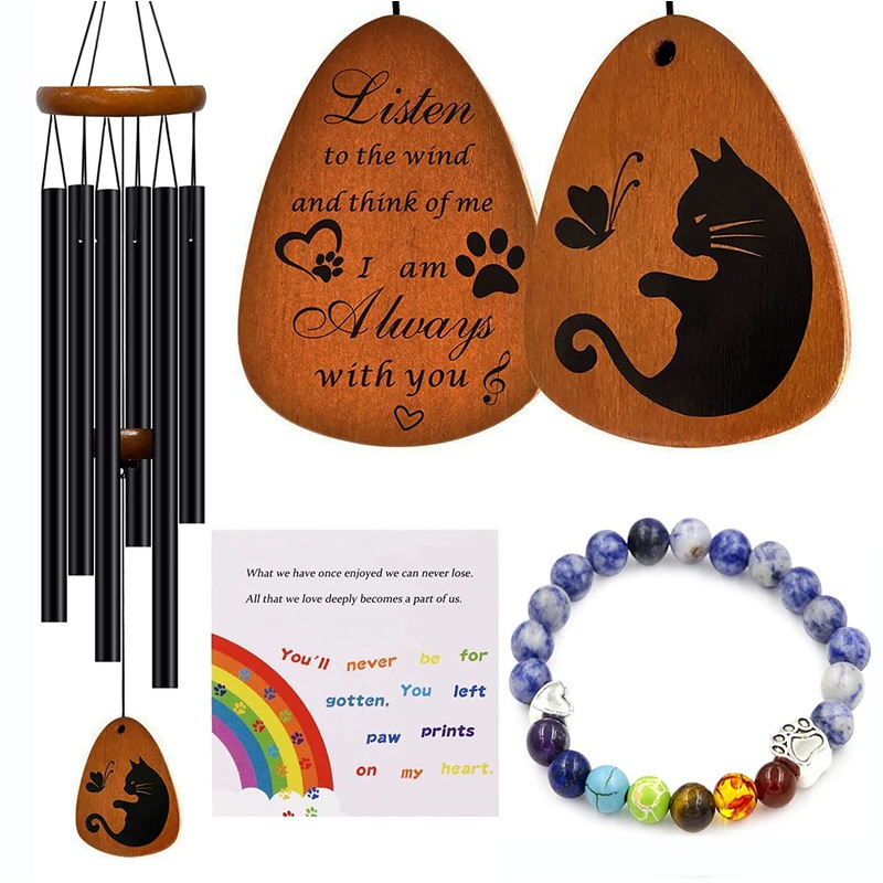 Cat Memorial Gifts Wind Chimes,Cat Loss Sympathy Gifts to Honor and Remember Cat,Pet Memorial Gifts for Cat Lovers with 7 Chakra Rainbow Bridge Bracelet,28 inches Cat Memorial(black)