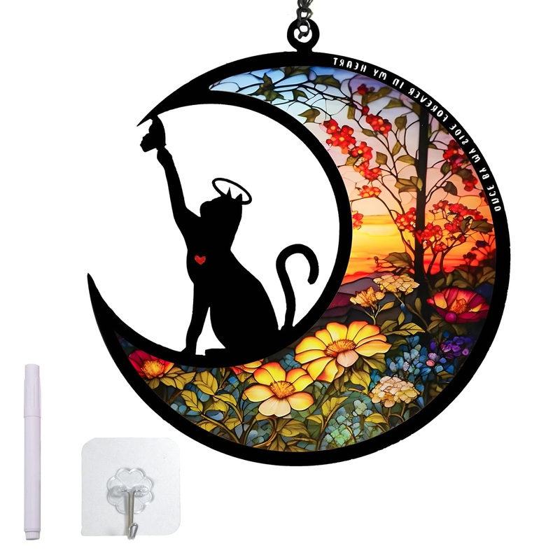 Cat Memorial Suncatcher, Personalized Cat Memorial Gifts for Loss of Cat, Pet Sympathy Gifts for Cats Acrylic Ornaments Pet Bereavement Gift Window Wall Decor for Cat Lover (Cat-Flower) Cat-Flower