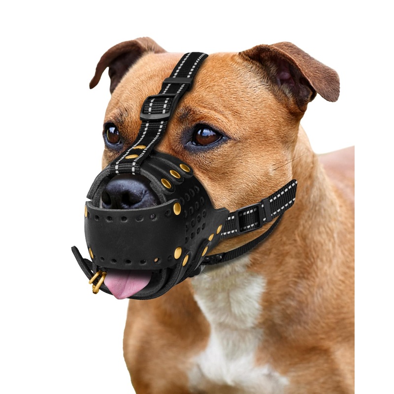 Dog Muzzle, Leather Basket Soft Muzzles Medium Large Breeds, Pitbull Dog Muzzle Amstaff Muzzles Staffordshire Terrier, German Shepherd Dalmatian Doberman Adjustable Breathable Muzzles for Dog (L) L