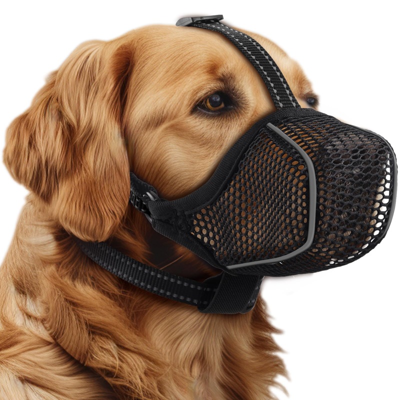 Dog Muzzle,Mesh Soft Muzzle for Small Medium Large Sized Dogs, Breathable Reflective Adjustable Puppy Muzzles with Collar for Scavenging Grooming Biting Chewing,Allows Panting and Drinking Black Mesh L
