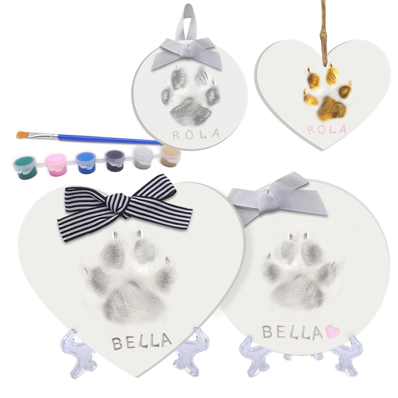 Dog or Cat Paw Print Kit Keepsake(Makes 2),DIY Pawprint Ornament with Customization Tool&Display Stands,Clay Pet Paw Print Impression Kit,Personalized Gifts for Pet Lovers Round&Heart