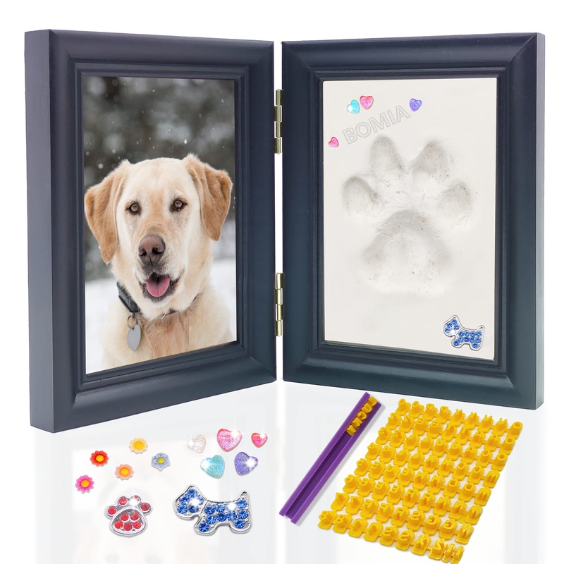 Dog or Cat Paw Print Kit with Trinkets,Pet paw Print Impression kit with 2 Clay,Wooden Dog Picture Frame,Personalized Gift Keepsake for Pet Lovers-Black Black
