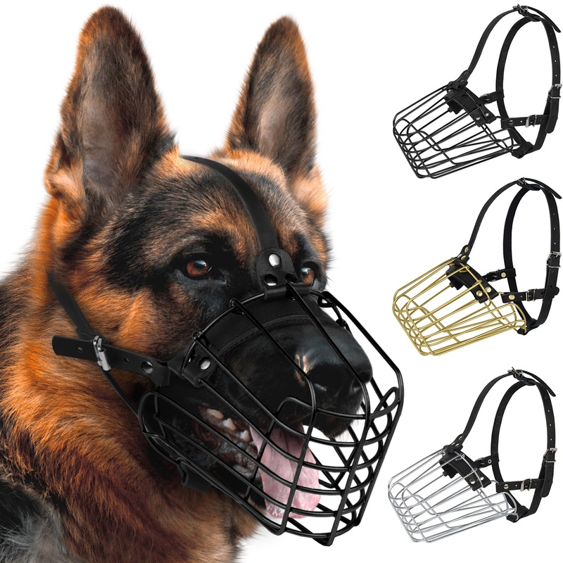 German Shepherd Dog Muzzle Metal Basket for Medium Large Dogs Adjustable Durable Leather Straps Secure Wire Mask for Biting Chewing Barking (Black, L – Size) Black