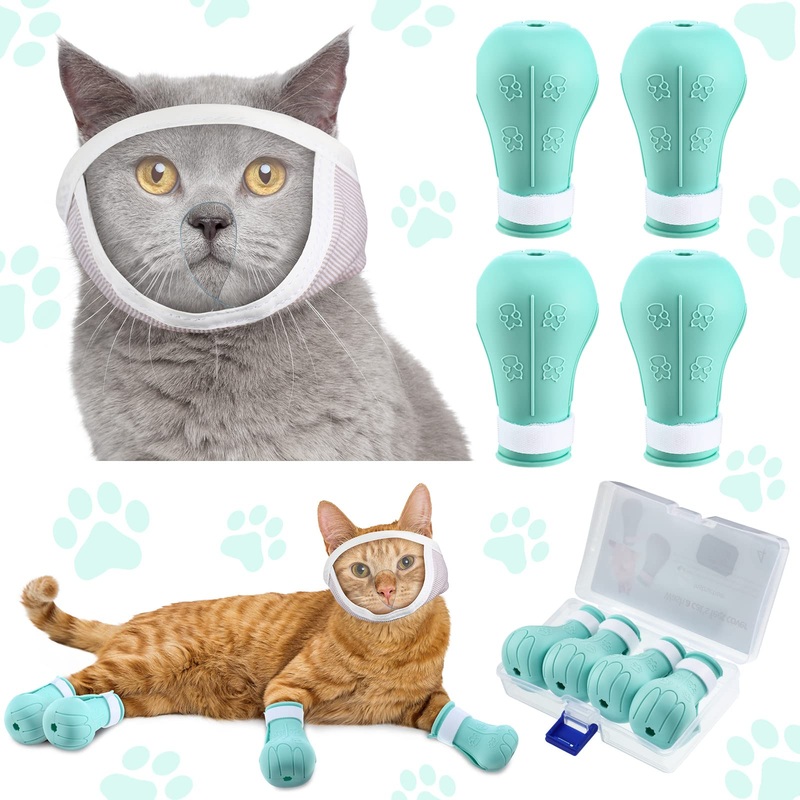 Hillban Cat Muzzle for Grooming with 4 Silicone Boots Breathable Transparent Cat Face Guard Silicone Cat Claw Covers Anti Scratch Cat Booties to Prevent Scratching Biting Bathing Trimming (Medium) Medium