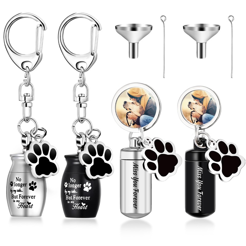 Kigeli 4 Pcs Pet Ashes Keepsake Keychain for Dog Pet Ashes Urn with 4 Pcs Filling Tools Memorial Cylinder Small Pet Ashes Keepsake Cat Cremation Jewelry Pend Paw Print Urn Pendant 2