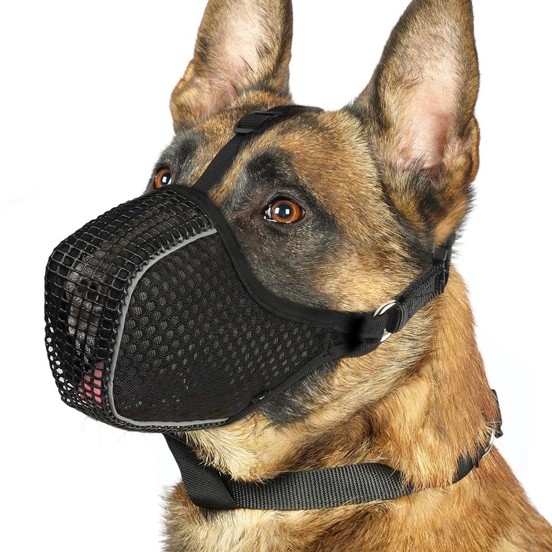 Mayerzon Dog Muzzle, Mesh Muzzle for Small Medium Large Dogs, Reflective Muzzle for Nighttime Walks, Soft Fully Closed Muzzle Anti Biting Scavenging Chewing, Allows Dogs to Pant and Drink Black L [Snout Cir: 10.75″-12″]