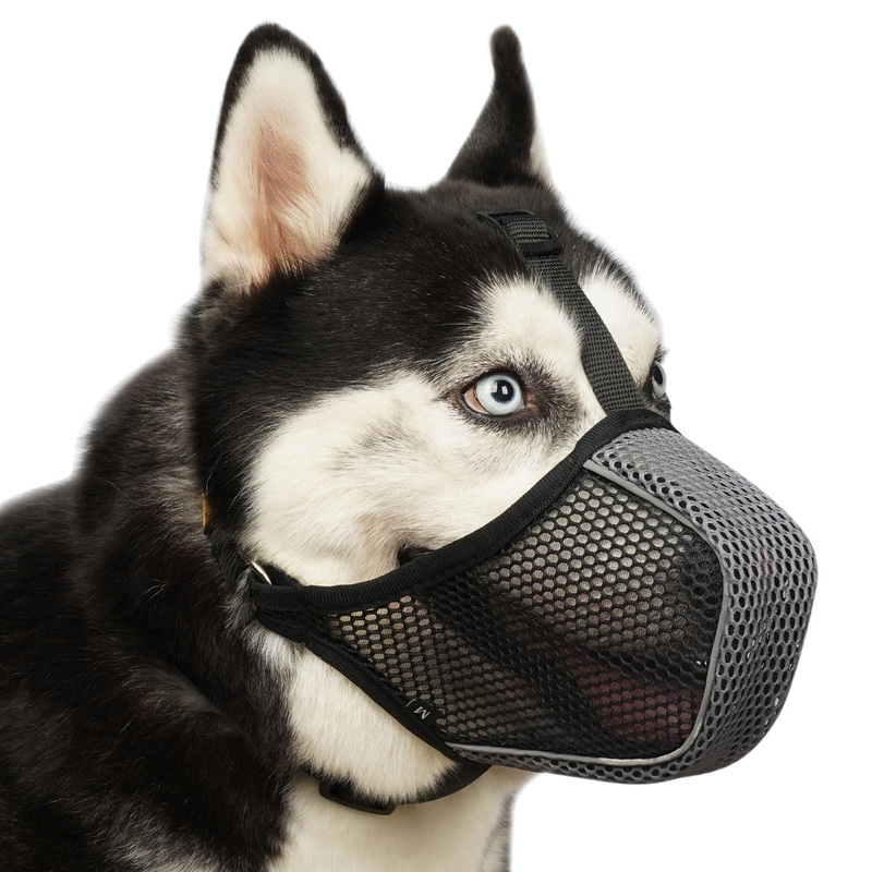 Mayerzon Dog Muzzle, Mesh Soft Muzzle for Large Medium Small Dogs for Scavenging Grooming Biting Chewing, Breathable Reflective Doberman Husky Muzzle with Collar for Labrador Retriever Poodle Black/Grey L-(Snout:10″-12″)