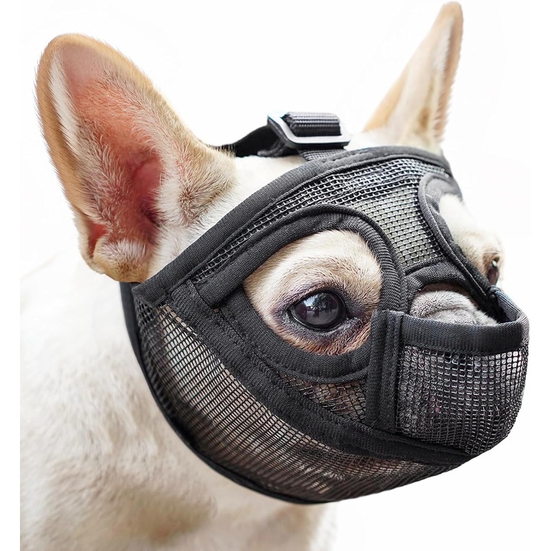 Mayerzon Short Snout Dog Muzzle, French Bulldog Muzzle with Tongue Out Design to Prevent Eating Biting Licking, Mesh Dog Muzzle for Shih Tzu Pug English Bulldog, Breathable Muzzle for Grooming Walking Black S [Head Cir: 15″-17″]