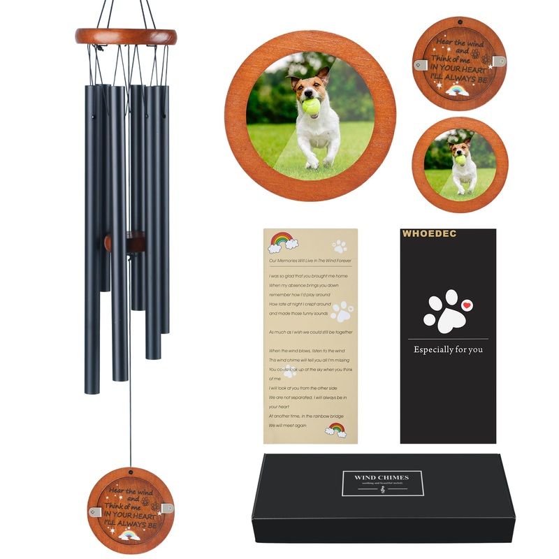 Pet Memorial Wind Chime – Loss of Dog Sympathy Gift, dog passing away Remembrance gifts with Picture Frame, Pawprint Keyring & Rainbow Bridge Card Gifts Black
