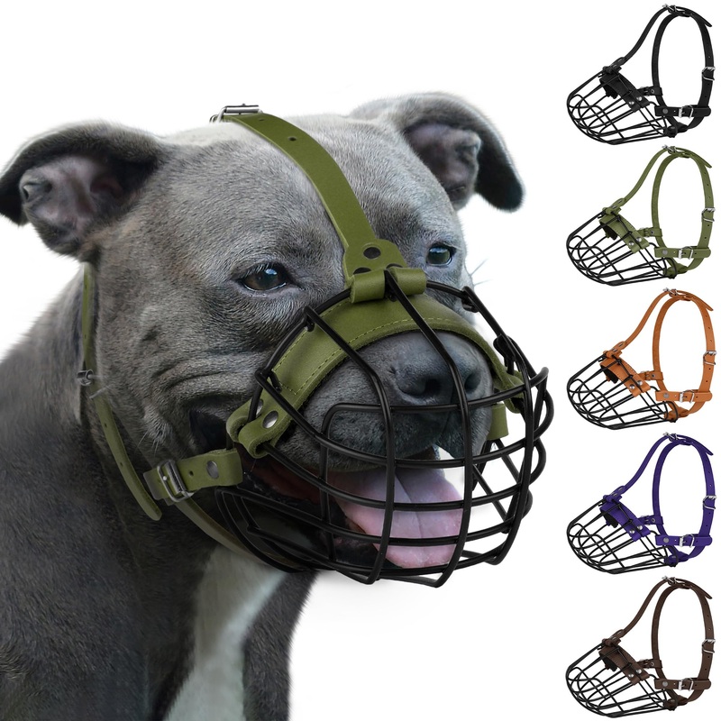 Pitbull Dog Muzzle Breathable Metal Basket for Large Dogs Amstaff Staffordshire Terrier Secure Wire Mask Adjustable Durable Leather Straps Biting Chewing Barking (Olive) Olive