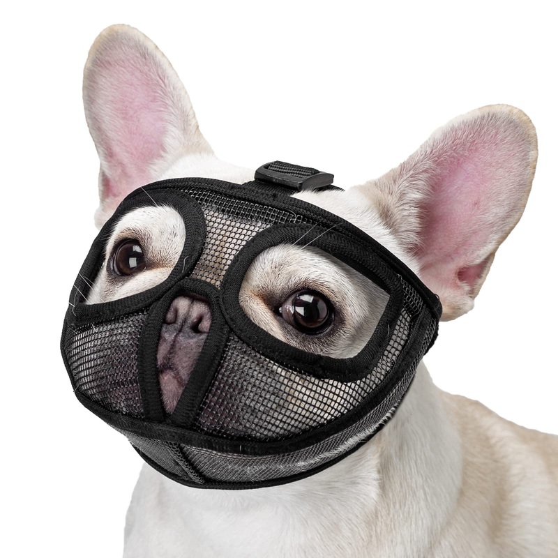 Short Snout Dog Muzzle, Adjustable Wont Cover Eyes Mesh Bulldog Muzzle for Biting Chewing LickingS,Black S Black