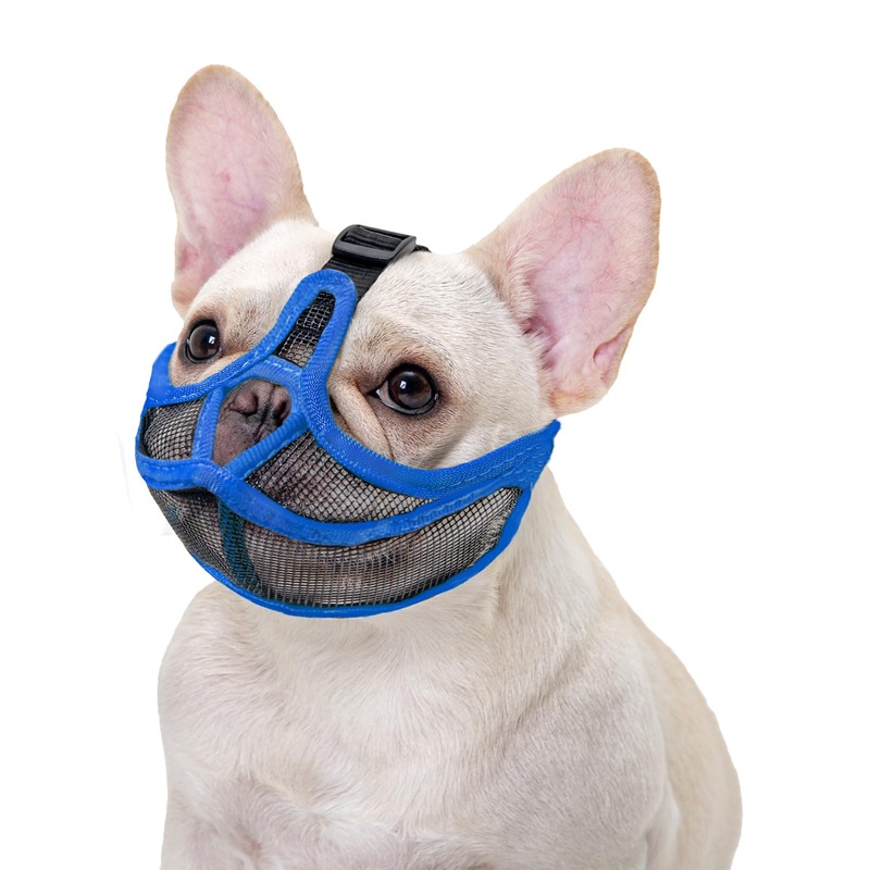 Short Snout Dog Muzzle, Wont cover forehead Bulldog Muzzle Adjustable Breathe Mesh, Anti Bitting Chewing Barking(S,Blue) S Blue