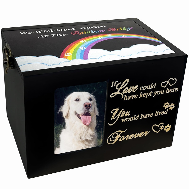 Sofunii Pet Urn for Dog or Cats Ashes,Wooden Funeral Cremation Memorial Box with Photo Frame,Rainbow Bridge Keepsake with Black Flannel as Lining,Loss Pet Memorial Remembrance – M