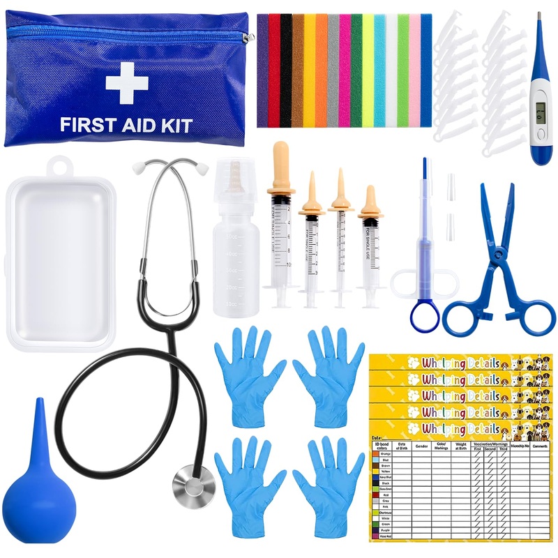 52Pcs Puppy Whelping Kit, Newborn Pets Whelping Supplies with 4 Puppy Feeding Tube,15 Puppy Whelping Collars, 15 Cord Clamps, 2 Gloves, Digital Thermometer, Stethoscope and More