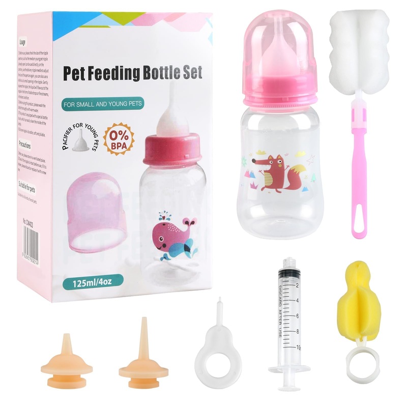 6 Pcs Pet Bottle Feeding Nursing Kits for Kitten and Puppy, 4oz Feeding Bottle 2 Pet Silicone Nipples 1 Syringe Feeder in 10cc and 2 Cleaning Brush, Newborn Pets Care Supplies Sets (Pink)