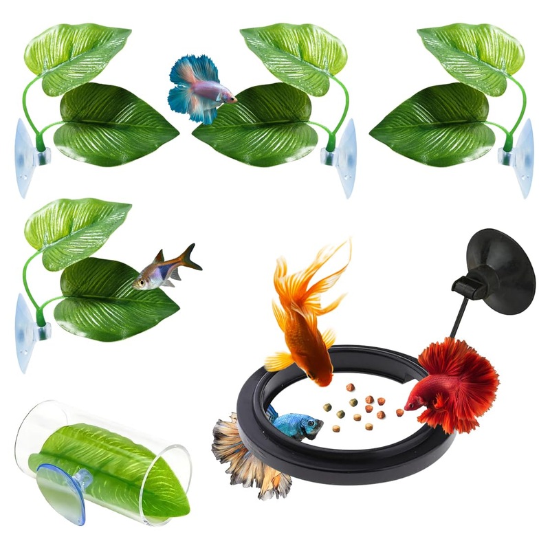 6PCS Betta Fish Aquarium Decoration, Betta Fish Leaf Pad + Fish Feeding Ring+ Betta Fish Acrylic Tube Tunnel,Hideout Ornament for Fish Tank Aquarium Decor 6 pcs