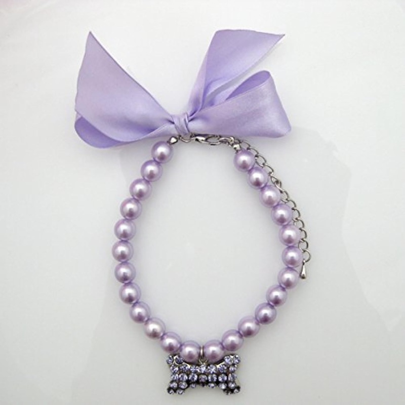Designer Fancy Pearls Crystal Pet Cat Dog Necklace Jewelry with Bling Rhinestones Big Bone Charm for Pets Cats Small Dogs Female Puppy Chihuahua Yorkies Girl Costume Outfits, Adjustable Purple Neck Size: 8″-10″