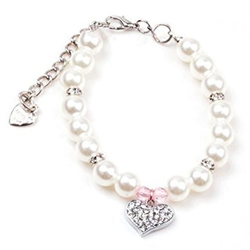 Designer Fancy Pinky Crystal Heart Pet Cat Dog Necklace Jewelry with Bling Pearls Rhinestones Charm for Pets Cats Small Dogs Female Puppy Chihuahua Yorkie Girl Costume Outfits, Adjustable Neck Size: 8″