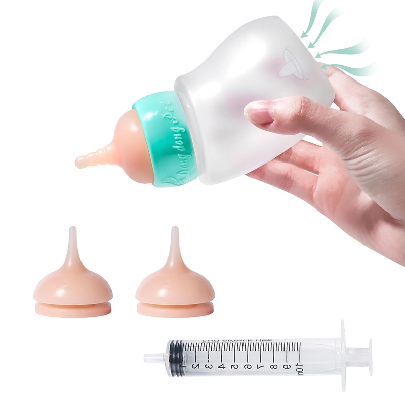 Doggiema Kitten Feeder Bottle, Silicone Feeding Nipple and Syringes for All Breed of Kittens and Other Animals (150ml Bottle+2 Sizes Nipple(S/M)+1 Syringe) Kitten/Toy Puppy (150ml)