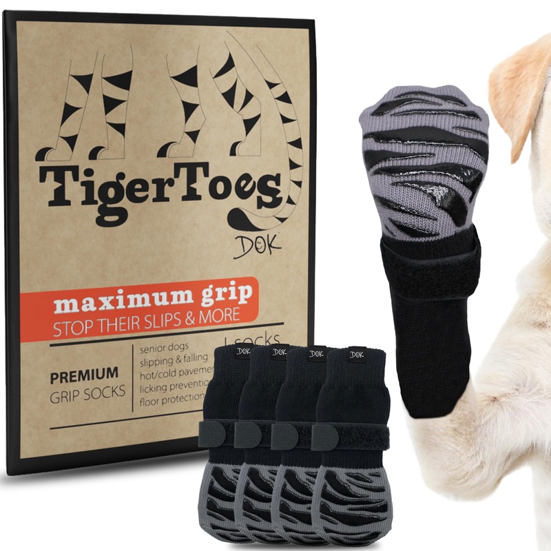 DOK TigerToes Premium Non-Slip Dog Socks for Hardwood Floors – Extra-Thick Grip That Works Even When Twisted – Prevents Licking, Slipping, and Great for Dog Paw Protection – Size Large