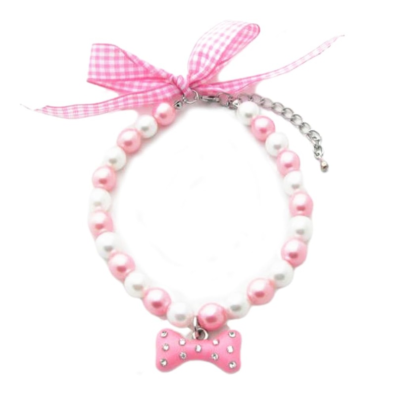 Fancy Diamond Pearl Dog Necklace Collar Jewelry with Bling Rhinestones Bone Charm for Pets Cats Small Dogs Girl Teacup Chihuahua Yorkie Clothes Costume Outfits Accessories, Adjustable Pink Neck Size: 8″