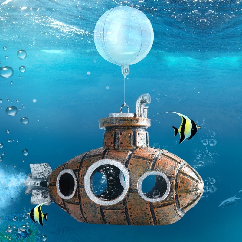 Floating Fish Tank Decoration, Little Cute Retro Submarine Aquarium Decoration with Two Float Balls , Resinous Fish Tank Accessorie, Safe Fish Toy for Betta Cichlid Goldfish Shrimps Hermit Crabs Floating submarine 4.9”