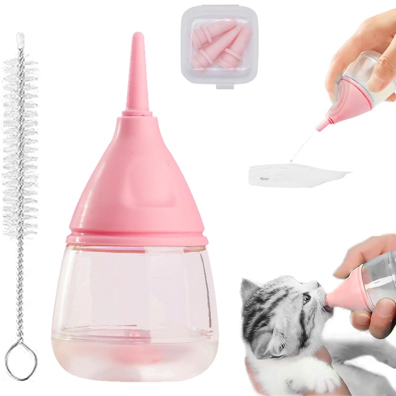 Kitten Bottle Feeding Kit for Nursing, Kitten Milk Bottles for Feeding Puppies Newborn Pets Water, Anti-chocking Design 3pc Replaceable Reusable Nipples, 40ML Puppy Bottles for Nursing Small Animals Pink S(40ml)