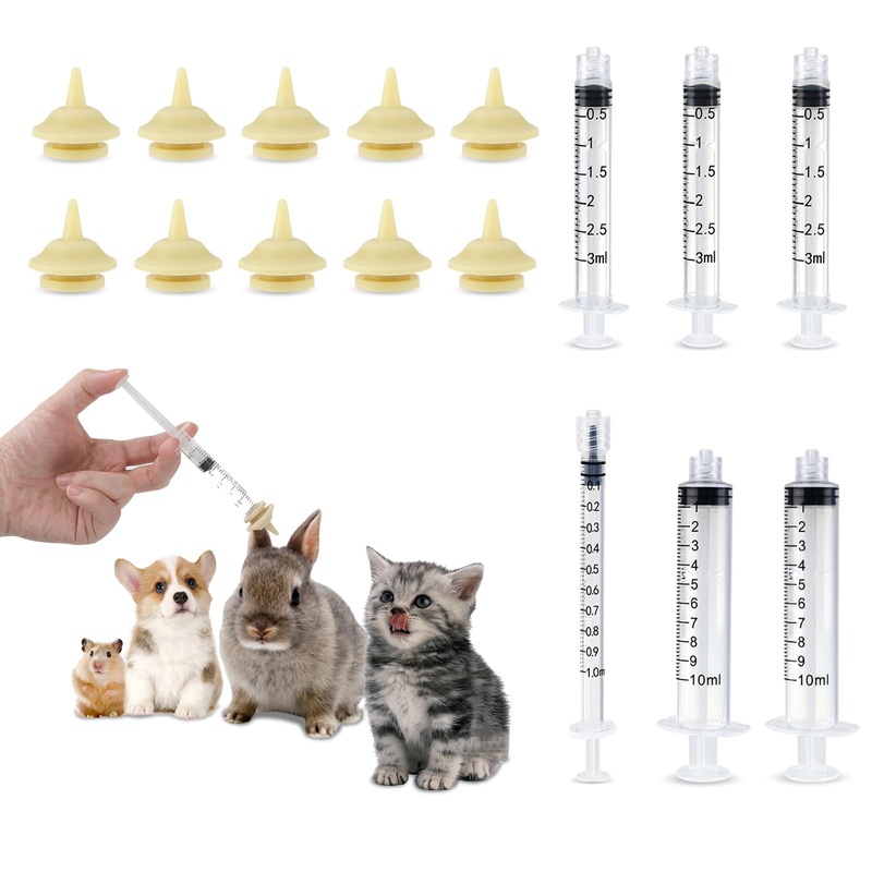 Kitten Feeding Nipples for Syring Nursing, 10 Pcs Bionic Silicone Nipples with 6Pcs Syring Bottles (1 3 10cc), Reusable Pacifier Sets for Newborn Kitten Puppie Bunnie Squirrel Small Animals