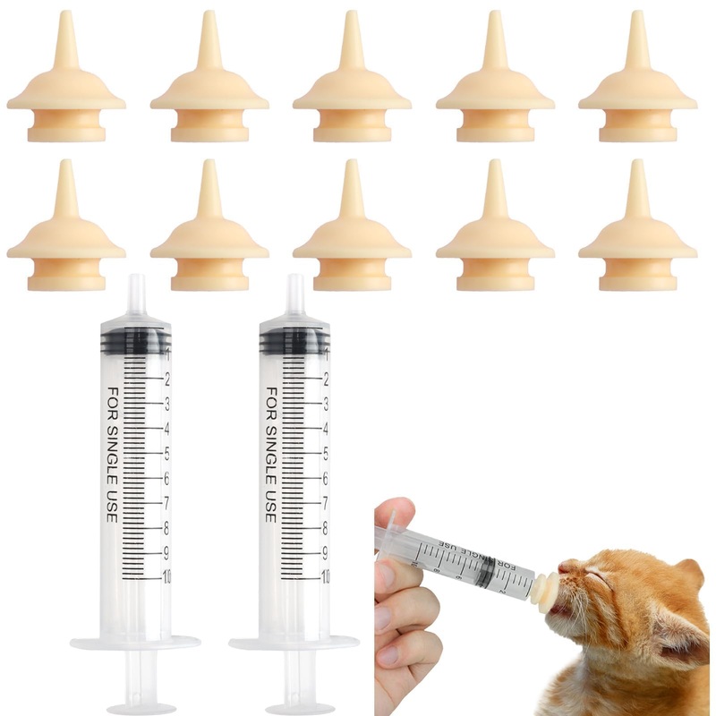 Kitten Feeding Nipples with Syring Nursing, 10 Pcs Soft Reusable Bionic Silicone Nipples with 2 Pack Needleless Syringes, Suitable for Newborn Animal Kittens Puppies Rabbits Squirrels