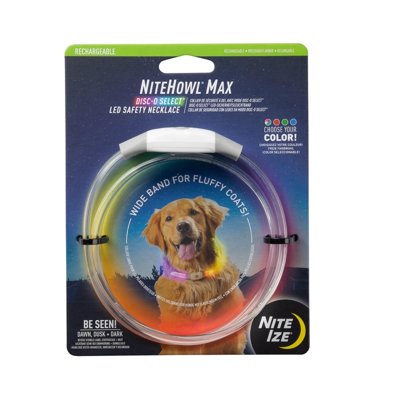 Nite Ize NiteHowl Max Rechargeable LED Safety Necklace – Dog Accessories for Long & Fluffy Coats – LED Glow Necklace for Dogs – Disc-O Select