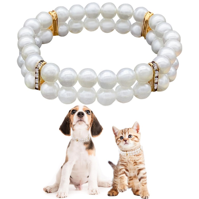 PET SHOW Fashion Two Rows Rhinestone Faux Pearl Elastic Pet Cat Puppy Small Dog Necklace Jewelry Grooming Accessories Ivory Size S Pack of 1 S 7.9″