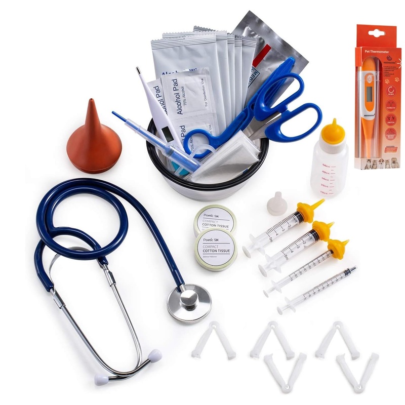 Puppy Kitten Whelping Kit, Whelping Kit with Feeding Nipple Bottle Stethoscope Scissors Cord Clamps Aspirator etc Full kit